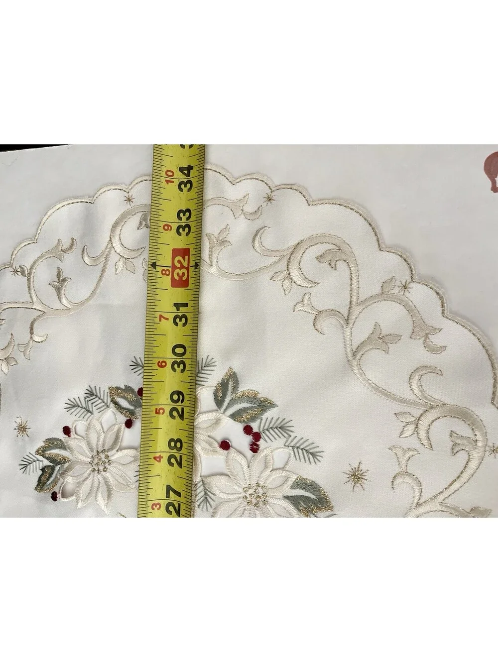 Vintage Table Runner Embroidered With Beautiful Gold Thread Candle Flower 34x14